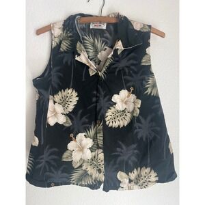 Pacific Legend Hawaiian Floral Palm Tree Sleeveless Button‎ Down Top